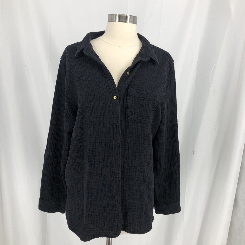 Anne Klein Jeans Womens Black Double Gauze Cotton Roll Tab Button Down Shirt XL